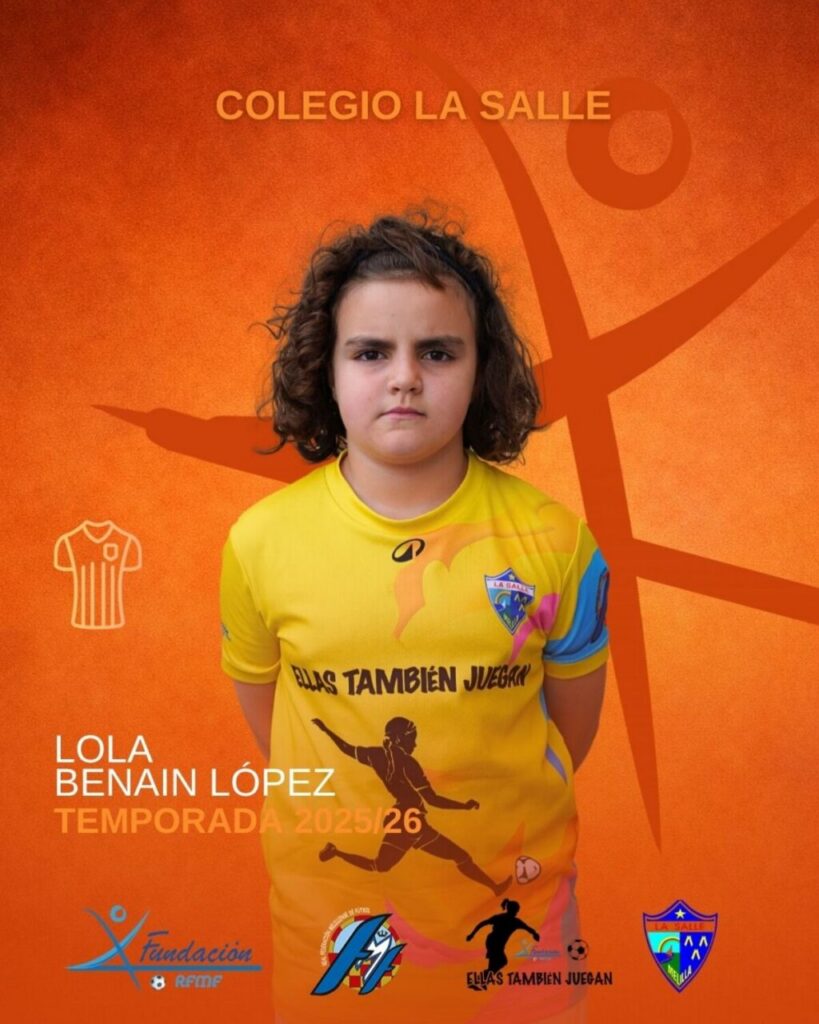 Portrait of Lola Benain López in a yellow soccer jersey on an orange poster announcing the 2025/26 season with team logos nearby.