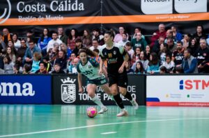 Two futsal players sprint after a bright pink ball in a packed indoor arena, with spectators watching from the stands and advertising boards along the sideline.