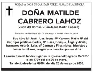 Anuncio de misa funeral para Matilde Cabrero Lahoz en Melilla
