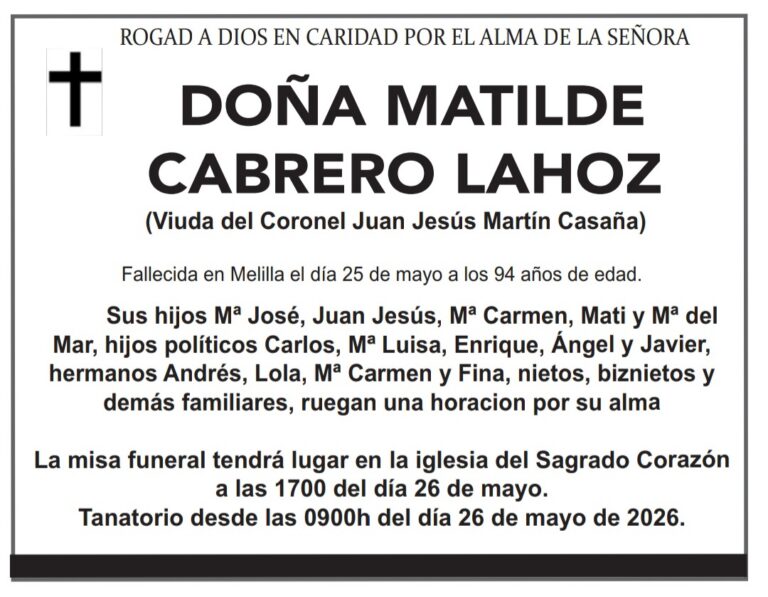 Anuncio de misa funeral para Matilde Cabrero Lahoz en Melilla