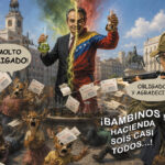 Satirical scene in a Spanish plaza: a man split in half with a cape, holding flasks and currency symbols, as dogs in the crowd wave notarization papers; speech bubbles read '¡MOLTO OBLICADO!' and 'OBLIGADOS Y AGRADECIDOS' with a soldier in the foreground from the Agencia Tributaria witnessing the chaos.