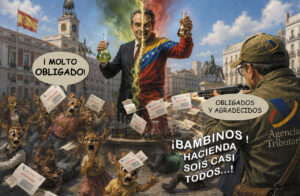 Satirical scene in a Spanish plaza: a man split in half with a cape, holding flasks and currency symbols, as dogs in the crowd wave notarization papers; speech bubbles read '¡MOLTO OBLICADO!' and 'OBLIGADOS Y AGRADECIDOS' with a soldier in the foreground from the Agencia Tributaria witnessing the chaos.
