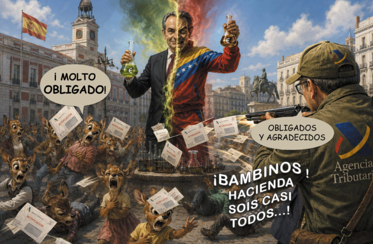 Satirical scene in a Spanish plaza: a man split in half with a cape, holding flasks and currency symbols, as dogs in the crowd wave notarization papers; speech bubbles read '¡MOLTO OBLICADO!' and 'OBLIGADOS Y AGRADECIDOS' with a soldier in the foreground from the Agencia Tributaria witnessing the chaos.