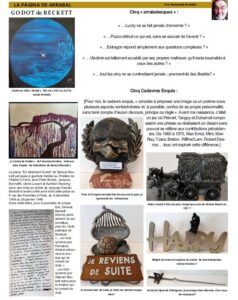 Magazine feature page about Fernando Arrabal with multiple artworks inspired by Beckett's Godot, plus quotes and descriptive captions.