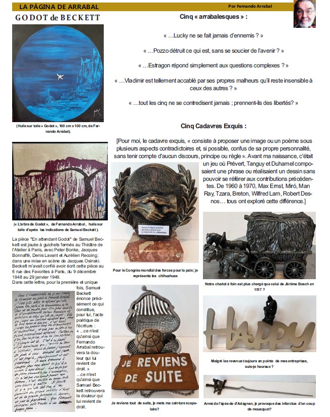 Magazine feature page about Fernando Arrabal with multiple artworks inspired by Beckett's Godot, plus quotes and descriptive captions.