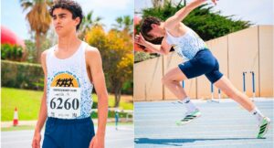 Pelayo Castaño compitiendo en 300 metros vallas en atletismo