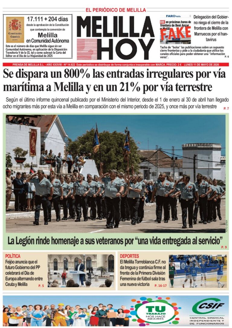 Portada del periódico Melilla Hoy del 11 de mayo de 2026 con noticias locales.