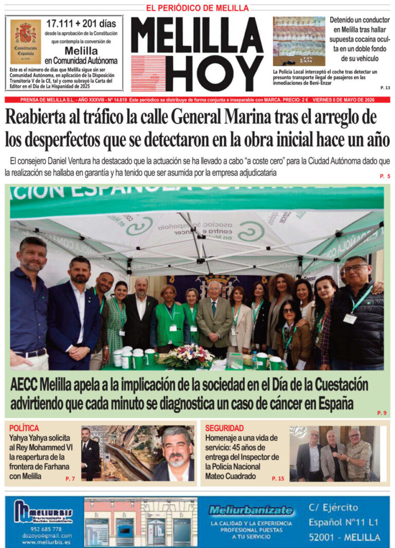 Portada del periódico Melilla Hoy del 8 de mayo de 2026