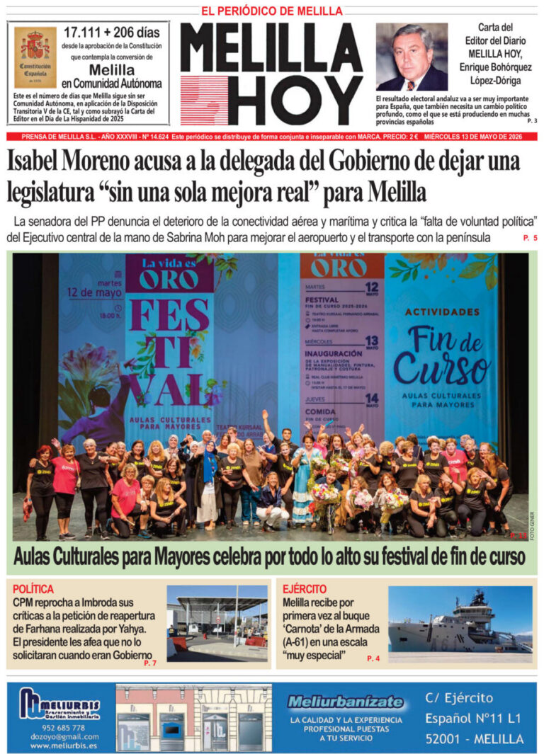 Portada del diario Melilla Hoy del miércoles 13 de mayo de 2026