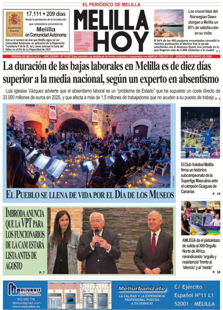Portada del periódico Melilla Hoy del 16 de mayo de 2026