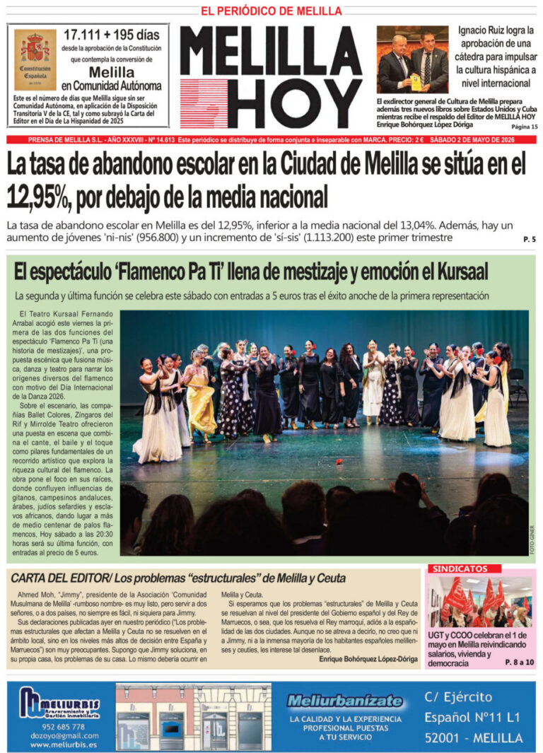Portada del periódico Melilla Hoy del 2 de mayo de 2026 con noticias locales.