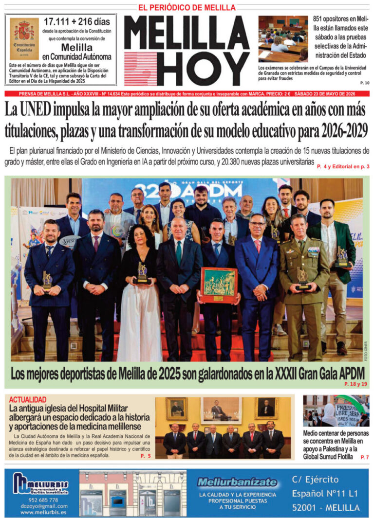 Portada del periódico Melilla Hoy del 23 de mayo de 2026 con noticias locales.