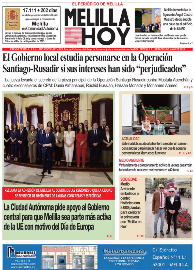 Portada del periódico Melilla Hoy del 9 de mayo de 2026
