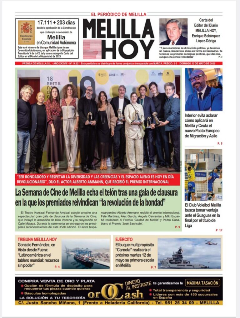Portada del periódico Melilla Hoy del 10 de mayo de 2026