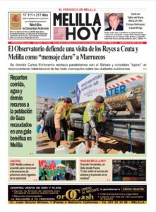 Front page of Melilla Hoy newspaper; main photo shows two aid workers in safety vests filling water jugs beside a water truck, with a green left caption about distributing water to Gaza.