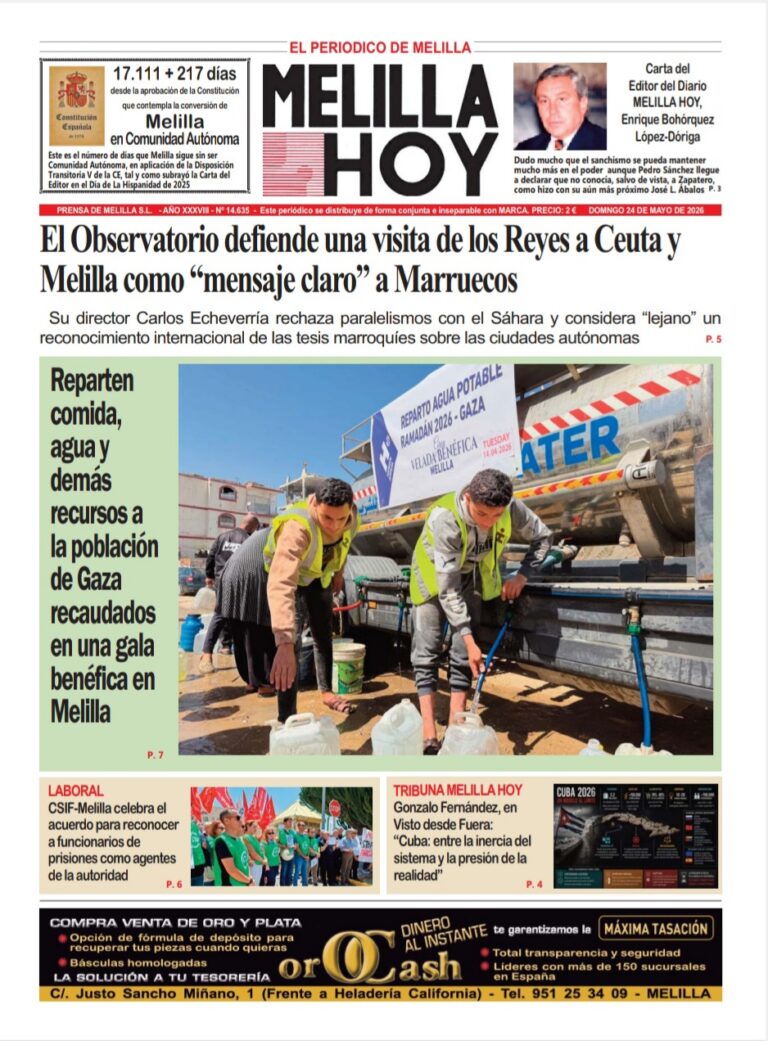 Front page of Melilla Hoy newspaper; main photo shows two aid workers in safety vests filling water jugs beside a water truck, with a green left caption about distributing water to Gaza.