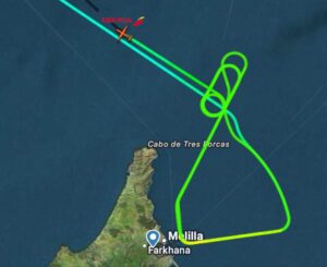 Mapa de vuelo mostrando la trayectoria de un avión sobre Melilla