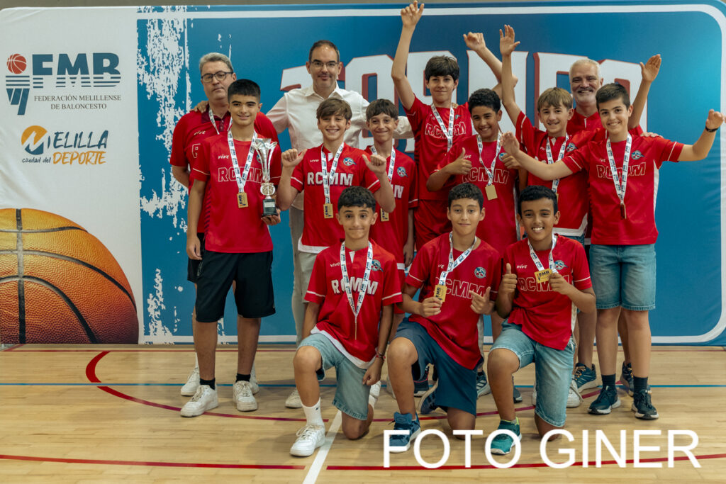 Grupo de jóvenes jugadores de baloncesto celebrando con trofeos en la entrega de premios