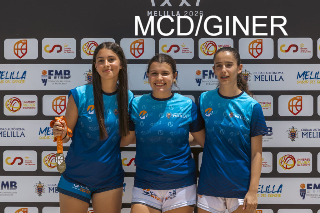 Three young women in blue athletic shirts pose together after a competition, one holding an orange medal on a sponsor-filled backdrop.