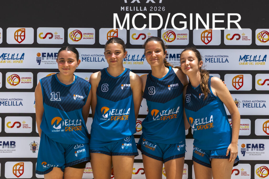 Four female basketball players in blue uniforms posing together, jersey numbers 11, 6, 8 and 5, in front of a sponsor-filled backdrop displaying Melilla logos.