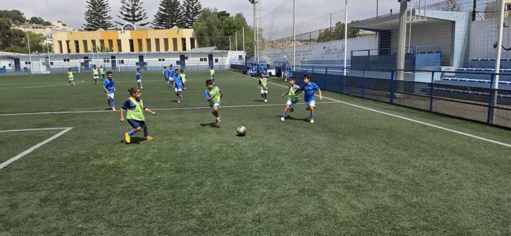 Group of young children in blue shirts and green bibs playing soccer on an artificial turf field at a fenced sports facility.