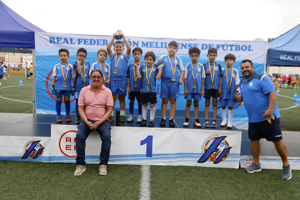 Youth soccer team in blue uniforms on a winner's podium with gold medals, a man in a pink shirt sits in front, and a coach stands to the right under a banner similar to a soccer federation logo panel.