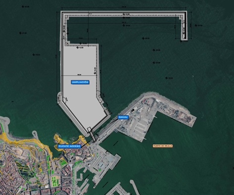 Aerial map of a harbor showing a large dock complex with an L-shaped breakwater and an expansion area by the water, with surrounding marina.