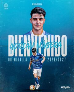 Poster of a footballer in blue kit with bold white text, announcing a 2026/2027 renewal with UD Melilla (left logo and hashtag)
