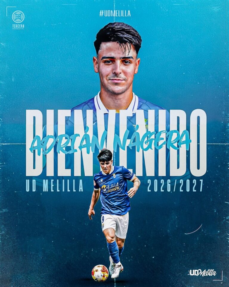 Poster of a footballer in blue kit with bold white text, announcing a 2026/2027 renewal with UD Melilla (left logo and hashtag)