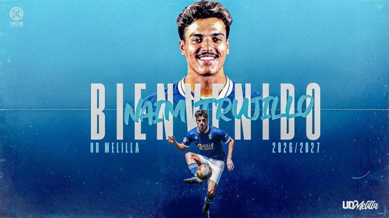 Welcome poster for a footballer: blue gradient background, large 'BIENVENIDO' text, UD Melilla branding, 2026/2027 season badge, player image overlayed in action.