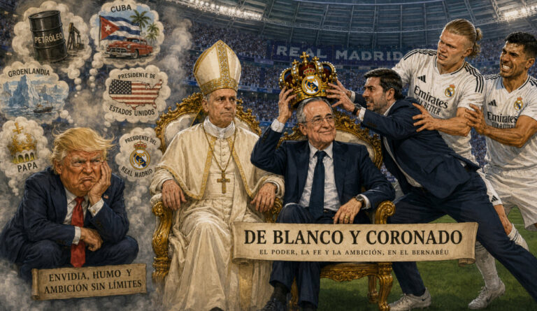 Ilustración del Papa y figuras del fútbol en el Estadio Santiago Bernabéu