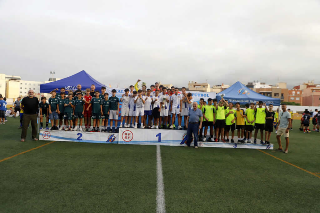 Jugadores de fútbol juvenil posando en el podio tras un torneo