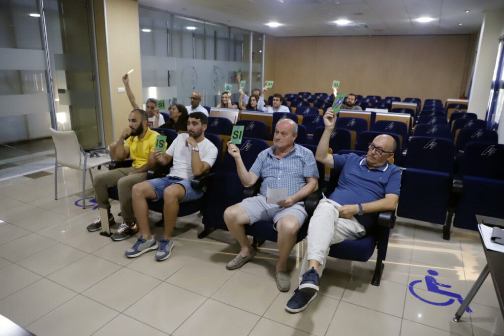 Group of people seated in an auditorium, raising green 'SI' cards as if voting yes during a meeting.