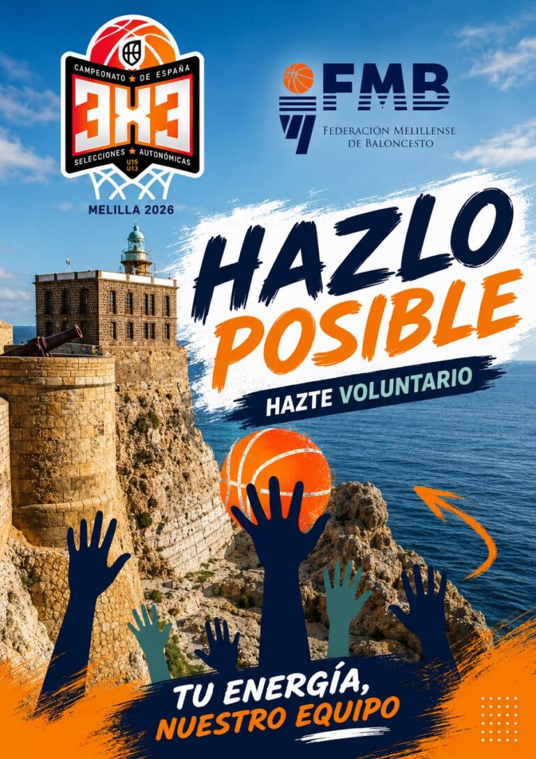 Poster for a basketball event with 3x3 logo, CMB and event title 'Hazlo Posible' in bold blue and orange, and raised hands reaching for a basketball over a coastal fortress background. Includes 'Hazte Voluntario' and 'Tu energía, nuestro equipo' slogans.