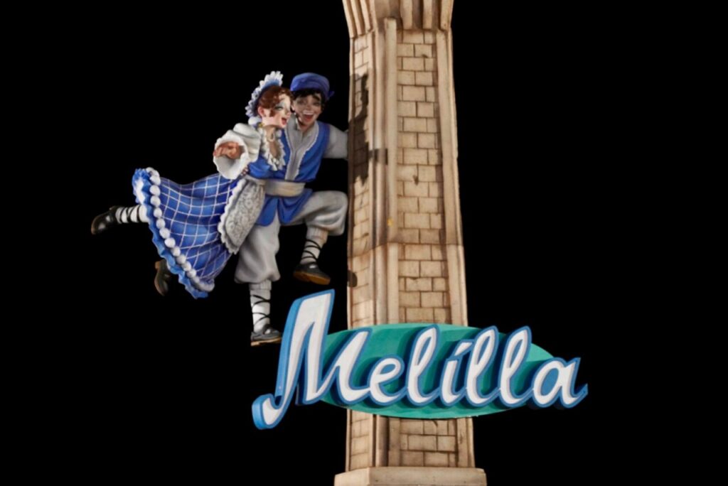 Two dancers in traditional blue-and-white costumes leap beside a tall stone tower with the word Melilla in blue script beneath them.