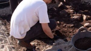 Persona trabajando en una excavación arqueológica al aire libre.