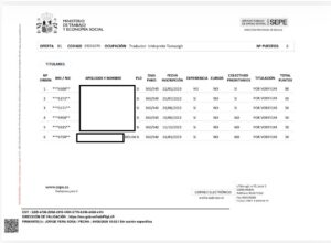 Documento oficial de SEPE con lista de 6 puestos de traductor/intérprete, muestra código, ocupación y puntos totales por orden de candidatura (con datos personales parcialmente ocultos).