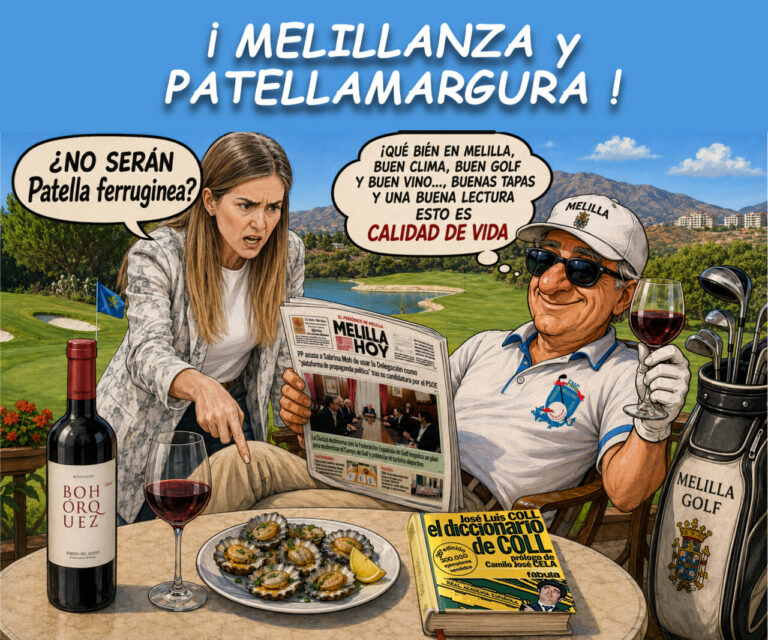 Ilustración de personas disfrutando golf y vino en Melilla