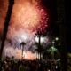 Crowd watches bright fireworks over palm trees at night, with smoke and streetlights.