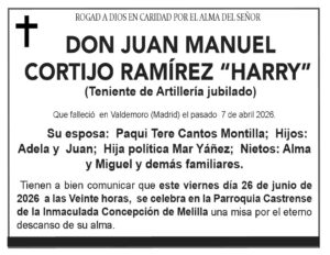 Obituary notice for Don Juan Manuel Cortijo Ramírez 'Harry', retired artillery lieutenant, with family names and funeral date/place in Melilla.