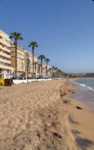 Vista de la playa del Hipódromo con edificios y palmeras