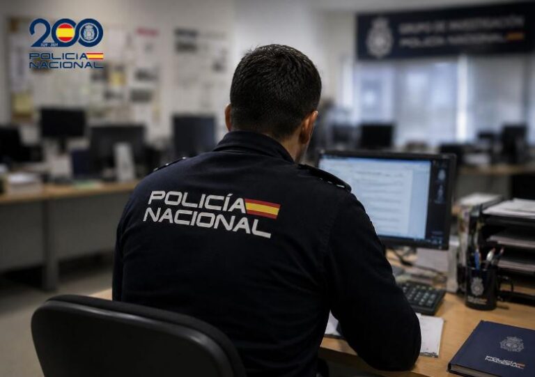 Back view of a Policía Nacional officer at a desk, working on a computer in an office.
