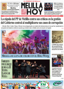 Front page of Melilla Hoy with a bold headline about PP corruption and a large photo of people throwing colored powder for Holi Week.