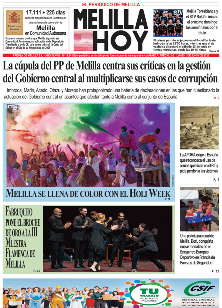 Front page of Melilla Hoy with a bold headline about PP corruption and a large photo of people throwing colored powder for Holi Week.