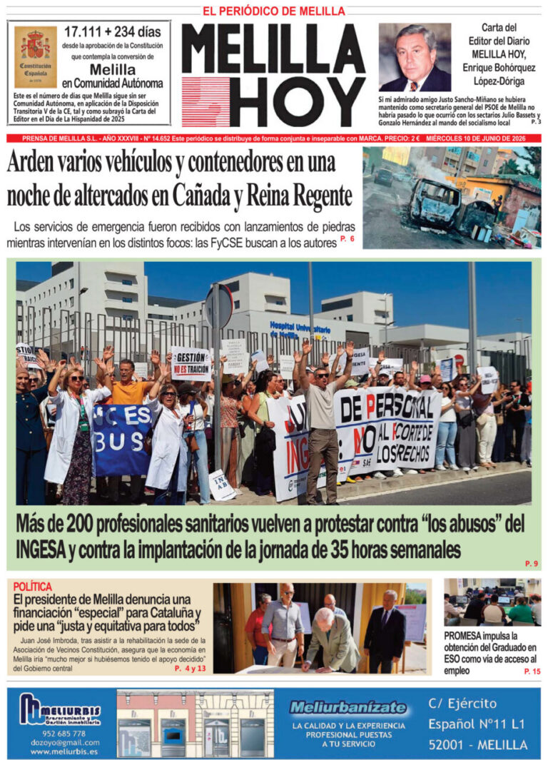 Portada del diario Melilla Hoy del 10 de junio de 2026 con protestas sanitarias.