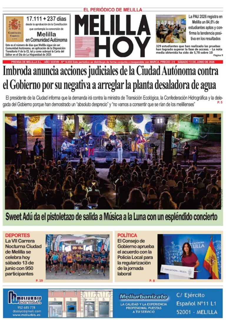 Portada del periódico Melilla Hoy del 13 de junio de 2026