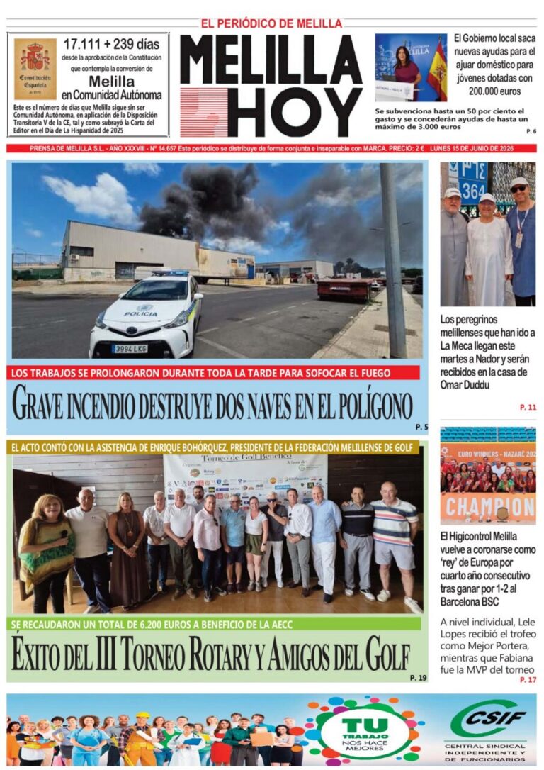 Portada del periódico Melilla Hoy del 15 de junio de 2026