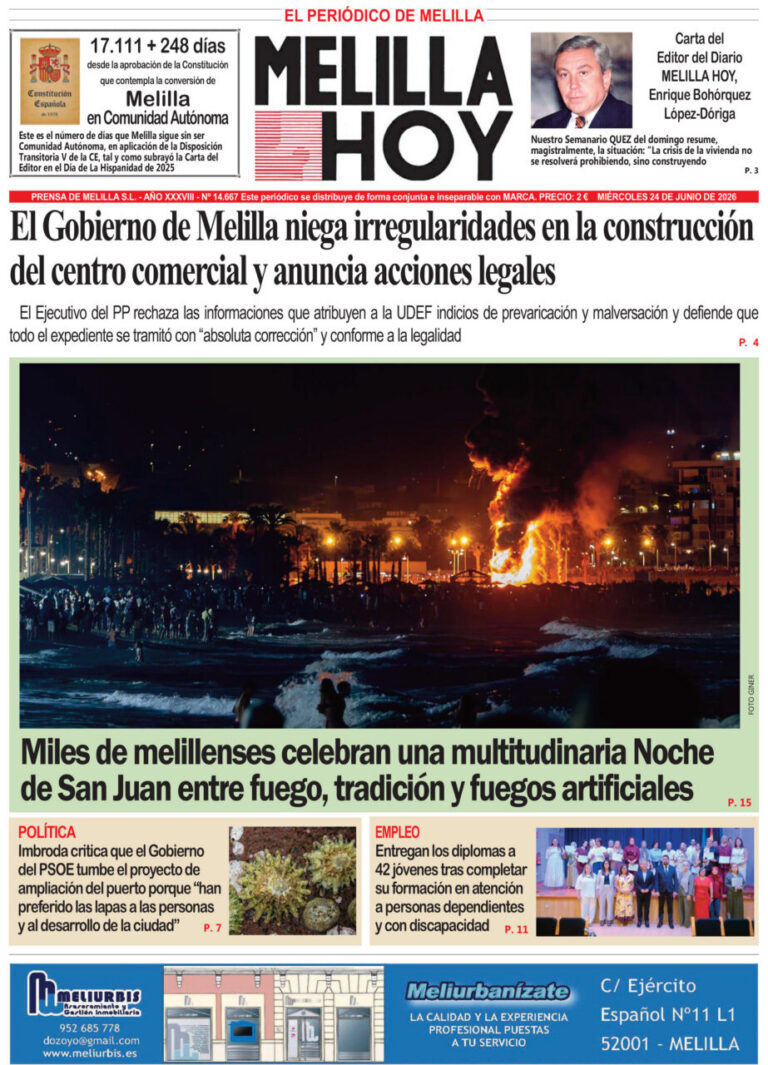 Night scene of a beach celebration with a large bonfire and crowds as waves crash, accompanying a San Juan festival report on the front page of Melilla Hoy