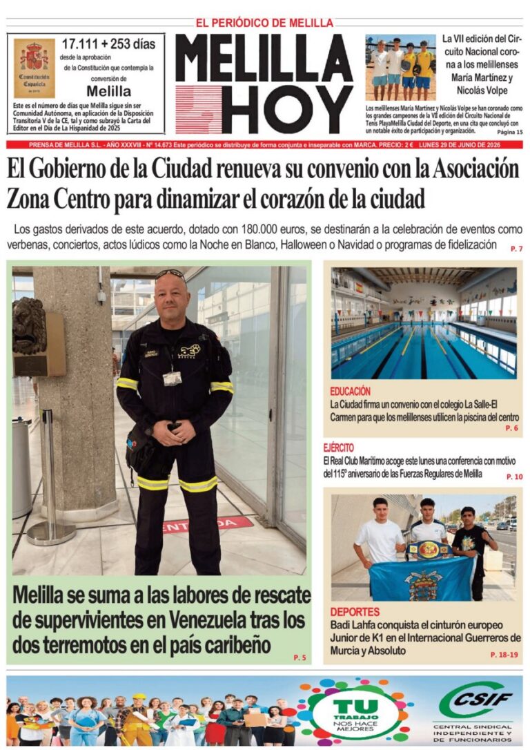 Portada del periódico Melilla Hoy del 29 de junio de 2026