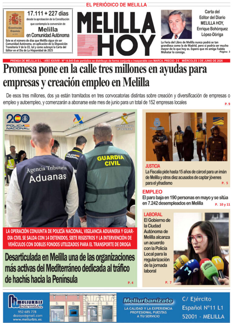Portada de El Melilla Hoy con el titular principal sobre ayudas a empresas y creación de empleo en Melilla; foto izquierda de agentes de la Policía Nacional, Aduanas y Guardia Civil durante una operación; recuadros de noticias a la derecha.